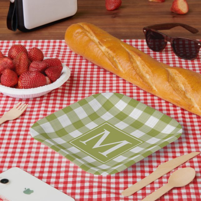 Custom Pumpkin Leaves Green Gingham Pattern Paper Plate (Picnic)