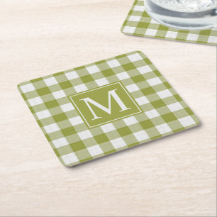 Custom Pumpkin Leaves Green Gingham Pattern Square Paper Coaster