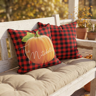 Custom Pumpkin On Red Black Check Pattern Cushion