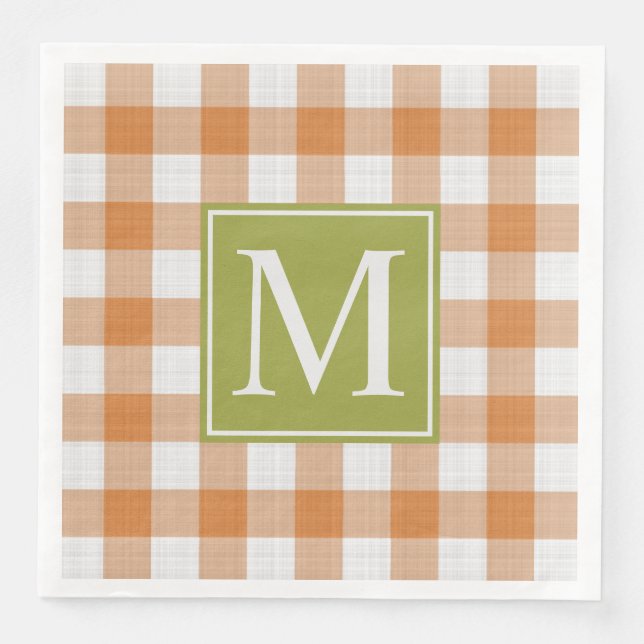Custom Pumpkin Orange Green Picnic Gingham Pattern Napkin (Front)