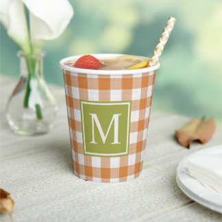 Custom Pumpkin Orange Green Picnic Gingham Pattern Paper Cups