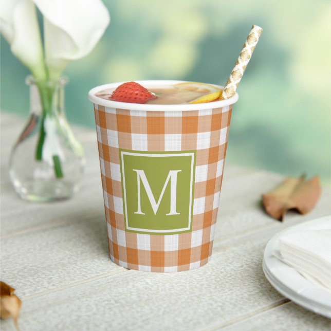 Custom Pumpkin Orange Green Picnic Gingham Pattern Paper Cups (Insitu)