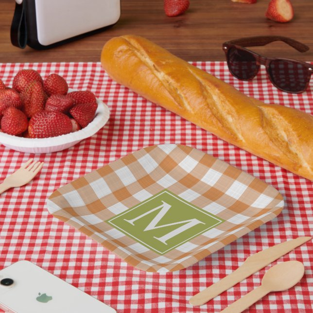 Custom Pumpkin Orange Green Picnic Gingham Pattern Paper Plate (Picnic)