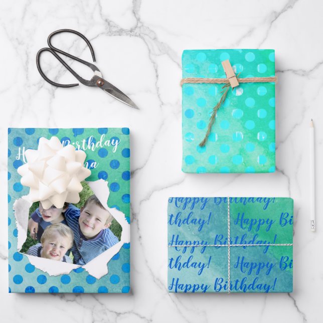 Custom Punch Hole Photo Blue Dots On Green Wrapping Paper Sheet (Front)