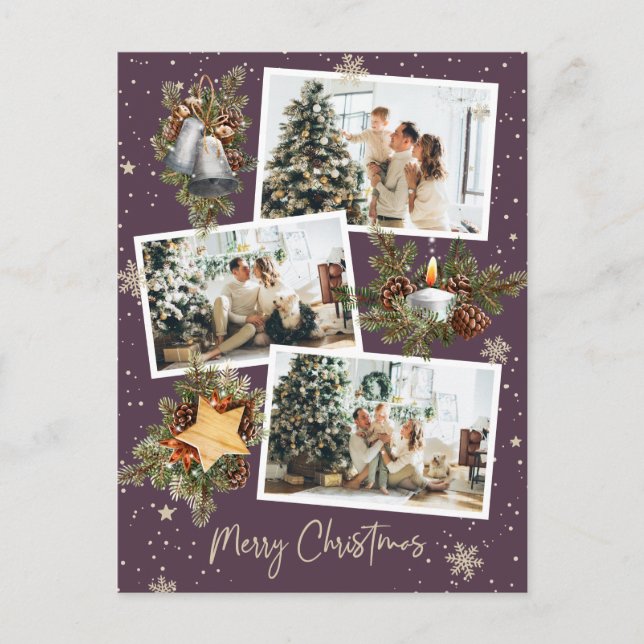 Custom Purple 3 Photo Collage Merry Christmas Postcard (Front)