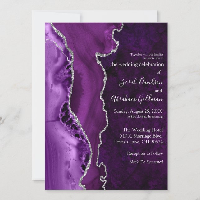 Custom Purple Agate Silver Glitter Wedding Invitation (Front)