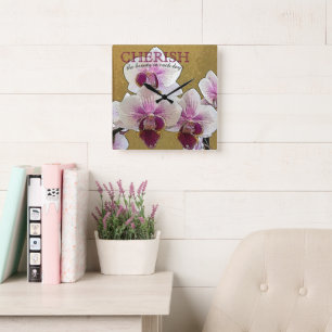 Custom Purple and White Orchid Dry Brush Art Square Wall Clock