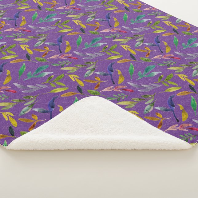 Custom Purple Background Leaf Sherpa Blanket (3/4)
