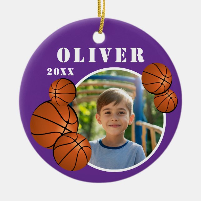 Custom Purple Basketball Ball Sports Photo Ceramic Tree Decoration (Front)
