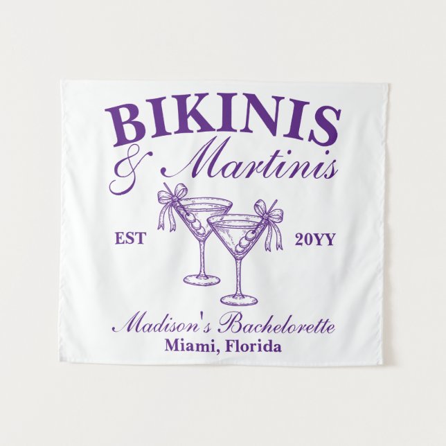Custom Purple Bikini & Martini Bachelorette Party Tapestry (Front (Horizontal))