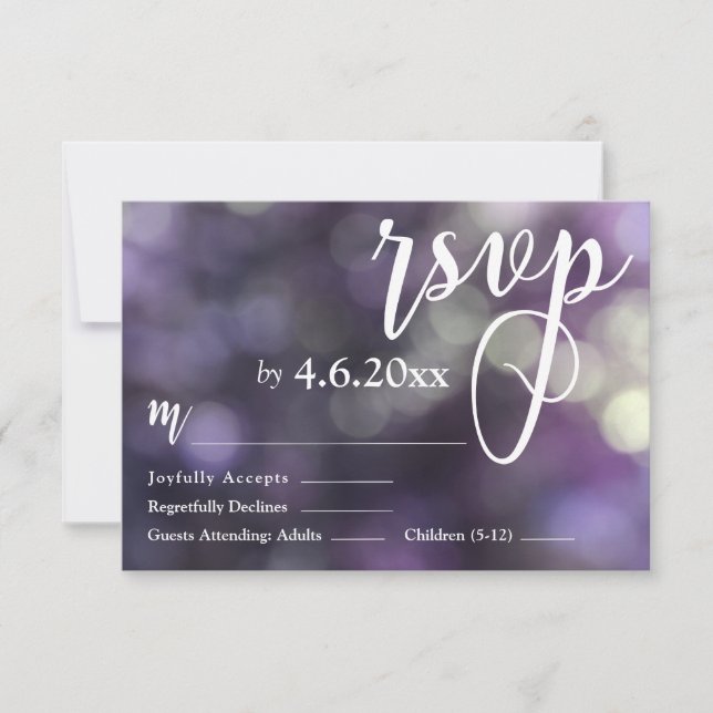 Custom Purple Bokeh Light & Typography 32 RSVP Card (Front)