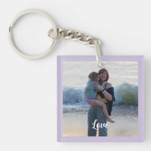 Custom Purple Border Photo White Love Script Key Ring