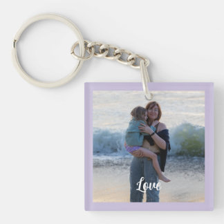 Custom Purple Border Photo White Love Script Key Ring