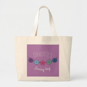 Custom purple & cream button thread button sewing large tote bag