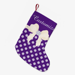 Custom Purple Dotted w/Cream Bow & Diamonds Small Christmas Stocking