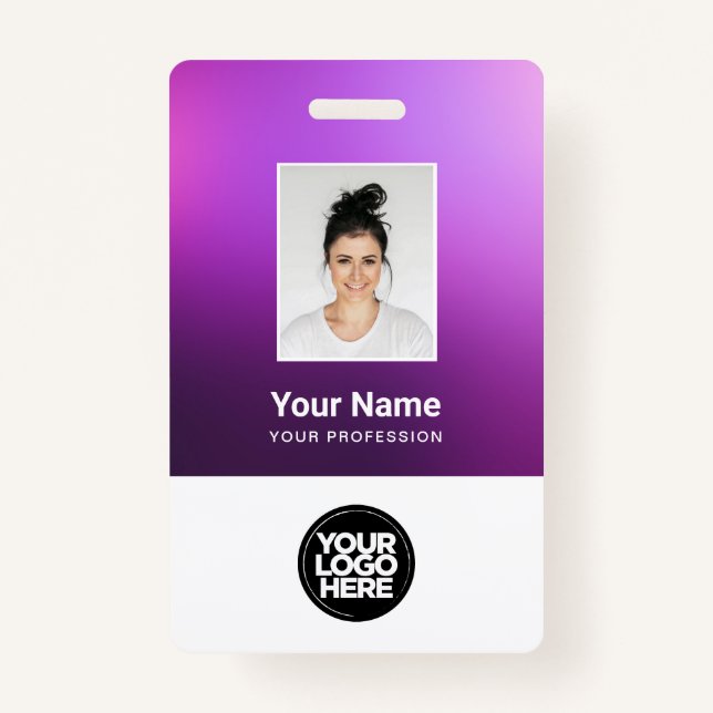 Custom Purple Employee Photo, Bar Code, Logo, Name ID Badge (Front)