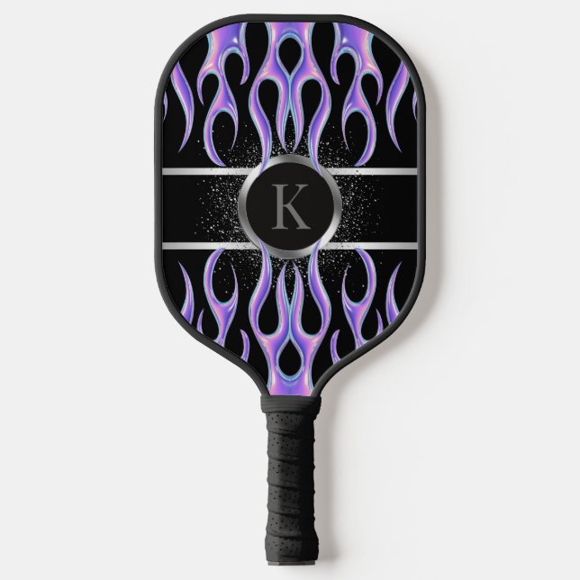 Custom Purple Flame Metallic Personalised Pickleball Paddle (Front)
