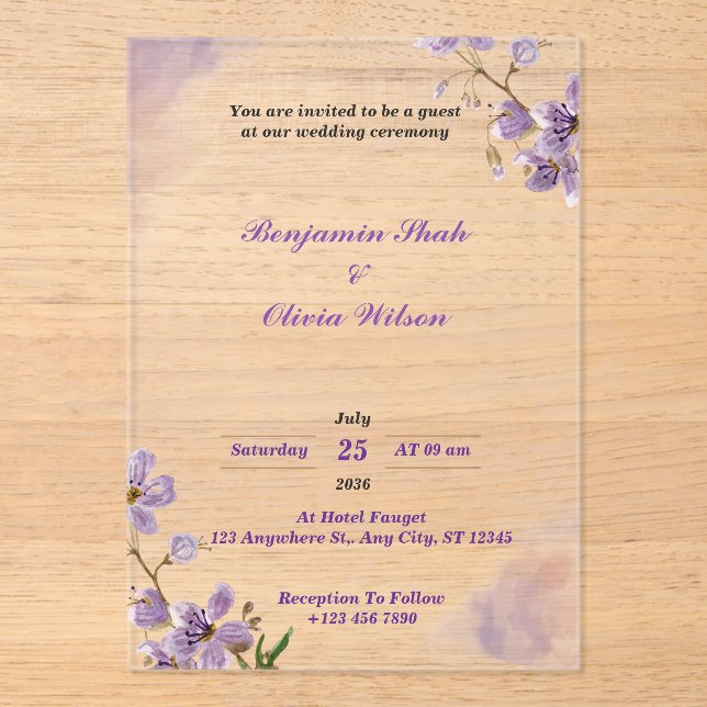 Custom Purple Floral acrylic wedding invitations (Front)