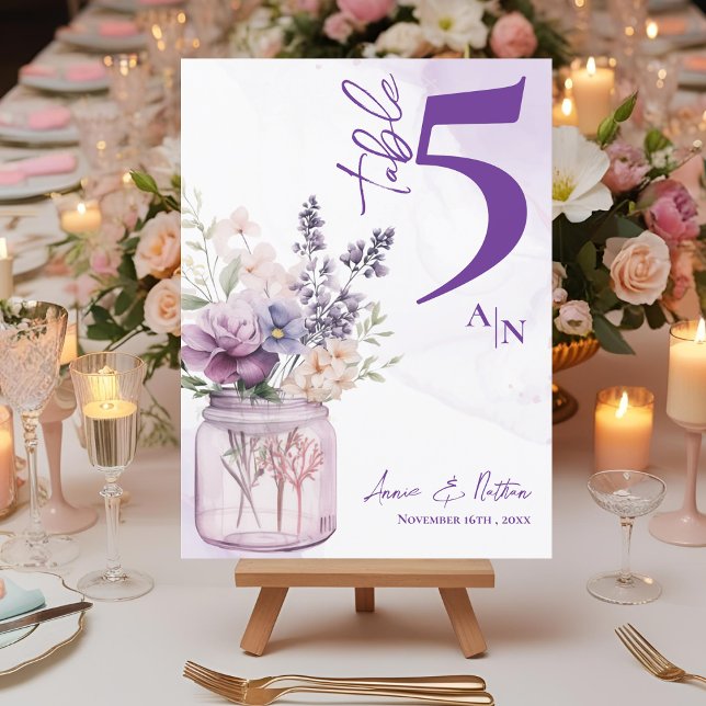 Custom Purple Floral Monogram Wedding Table Number (Monogram Purple Floral Frame Wedding Table Number)
