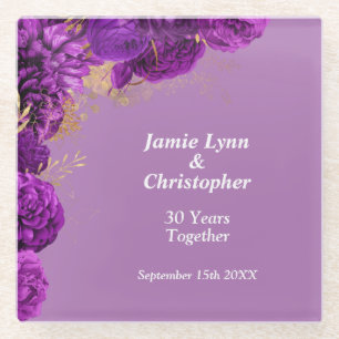 Custom Purple Floral Wedding Anniversary Glass Coaster
