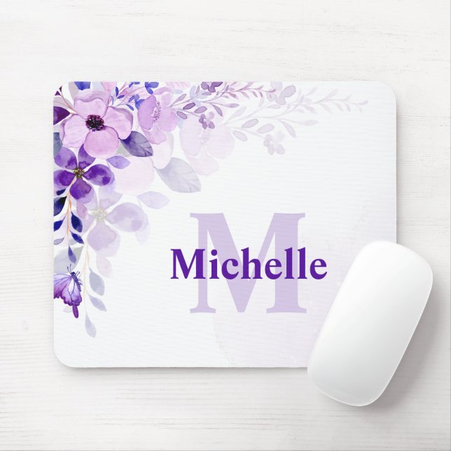 Custom Purple Floral with Name and Monogram Mouse Pad (With Mouse)