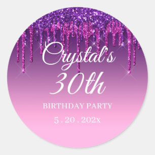 Custom Purple Glitter Drip Happy Birthday Classic Round Sticker