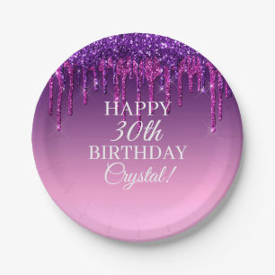 Custom Purple Glitter Drip Happy Birthday Paper Plate