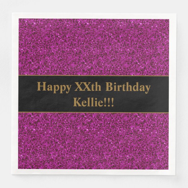 Custom Purple Glitter With Message Birthday Party Napkin (Front)