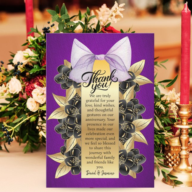 Custom Purple & Gold Floral Wedding Anniversary Thank You Card (Creator Uploaded)