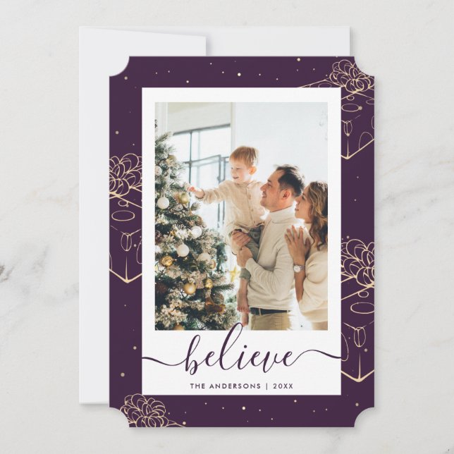 Custom Purple Gold Photo Believe Christmas Cards (Front)
