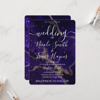 Custom Purple Gold Vein Alcohol Ink Wedding Invitation