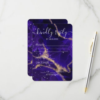 Custom Purple Gold Vein Alcohol Ink Wedding RSVP Card