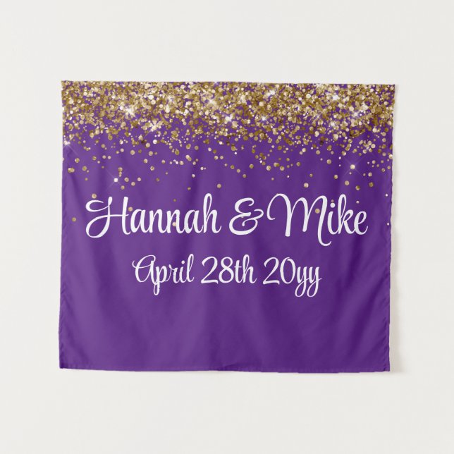 Custom Purple & Gold Wedding Backdrop Photo Booth Tapestry (Front (Horizontal))