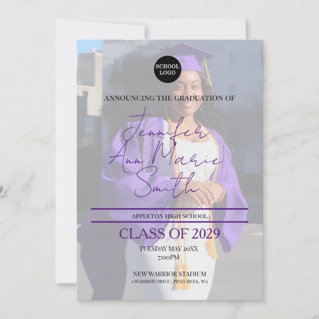Custom Purple Graduation with Back Photo Invitation (Front)