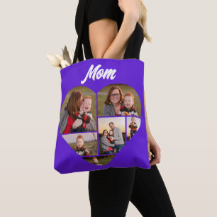 Custom Purple Heart-Shaped Family Photo Collage Tote Bag