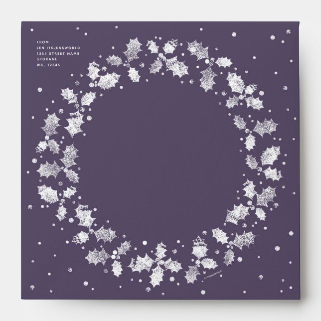 Custom Purple Holly Wreath Return Address Square Envelope (Front)