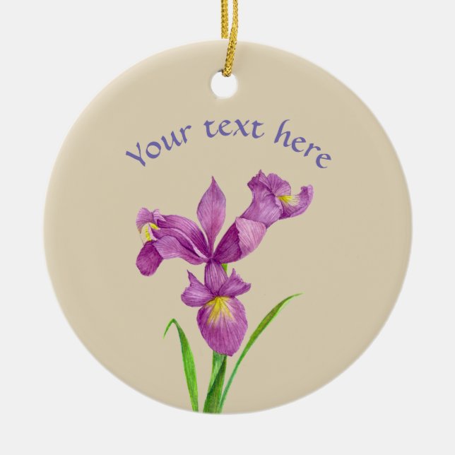 Custom Purple Iris Botanical Floral Art Ceramic Tree Decoration (Front)