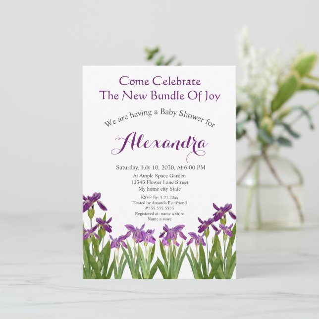 Custom Purple Iris Floral Watercolor Baby Shower (Standing Front)
