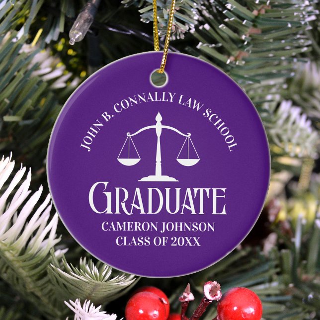 Custom Purple Law School Graduate Photo Christmas Ceramic Tree Decoration (Creator Uploaded)
