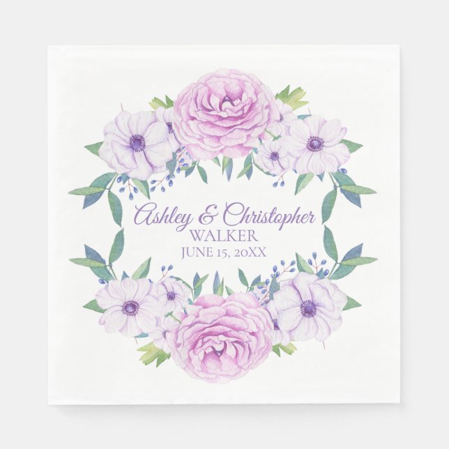 Custom Purple Lilac Lavender Floral White Wedding Napkin (Front)