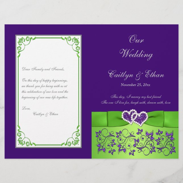 Custom Purple, Lime, Grey Wedding Program (Front)