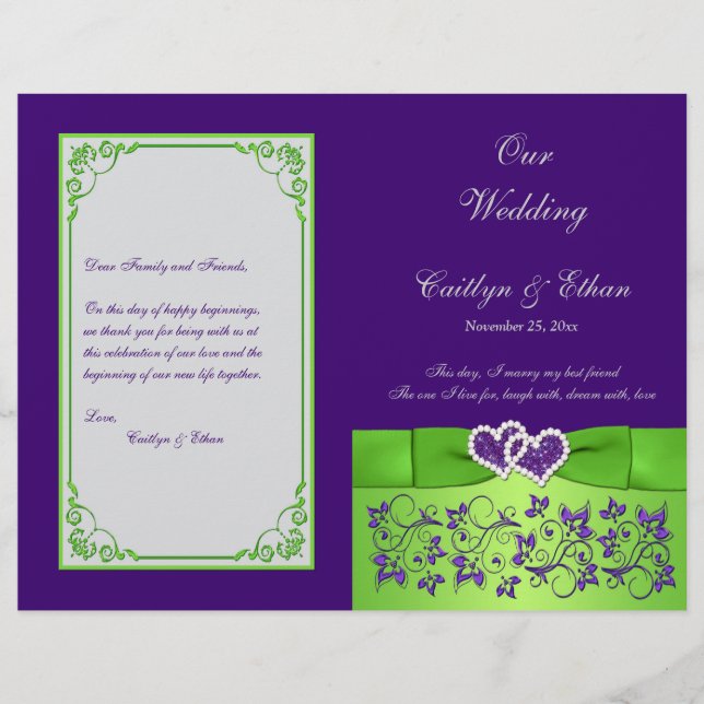 Custom Purple, Lime, Grey Wedding Program 2 (Front)