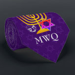 Custom Purple Monogram HANUKKAH Tie<br><div class="desc">Elegant, stylish purple HANUKKAH Neck Tie, designed with faux gold menorah, colourful Star of David and silver coloured dreidel plus CUSTOMIZABLE MONOGRAM and GREETING, so you can add your initials and create your own greeting. There is a subtle tiled pattern of the Star of David in the background. Similar versions...</div>