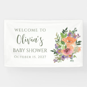 Custom Purple Orange Watercolor Floral Baby Shower Banner