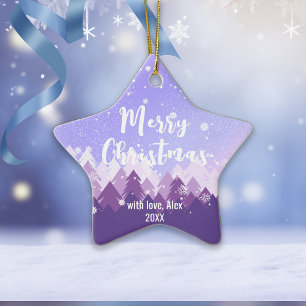 Custom Purple Peaceful Snow Forest Merry Christmas Ceramic Tree Decoration