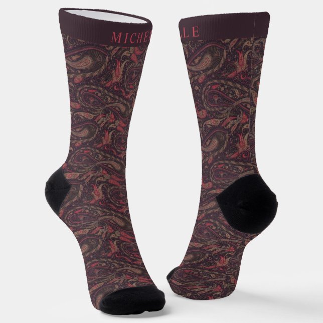 Custom Purple Pink Brown Paisley Pattern Socks (Angled)