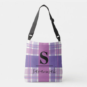 Custom Purple Plaid Tartan Monogram Name Crossbody Bag
