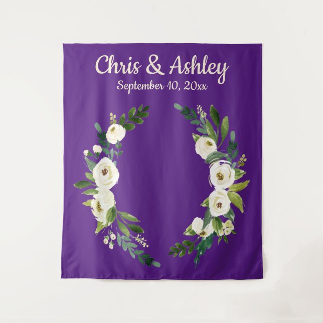 Custom Purple Rustic Greenery Wedding Backdrop Tapestry (Front)