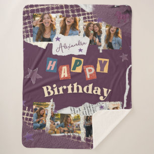 Custom Purple Scrapbook Birthday Photo Collage Sherpa Blanket