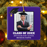 Custom Purple Senior Graduation Photo 2023 Ceramic Ornament<br><div class="desc">This custom purple senior graduate Christmas ornament features your graduation photograph underneath a black grad cap. Personalize with your class year,  school,  and name for a great gift for a graduating student.</div>